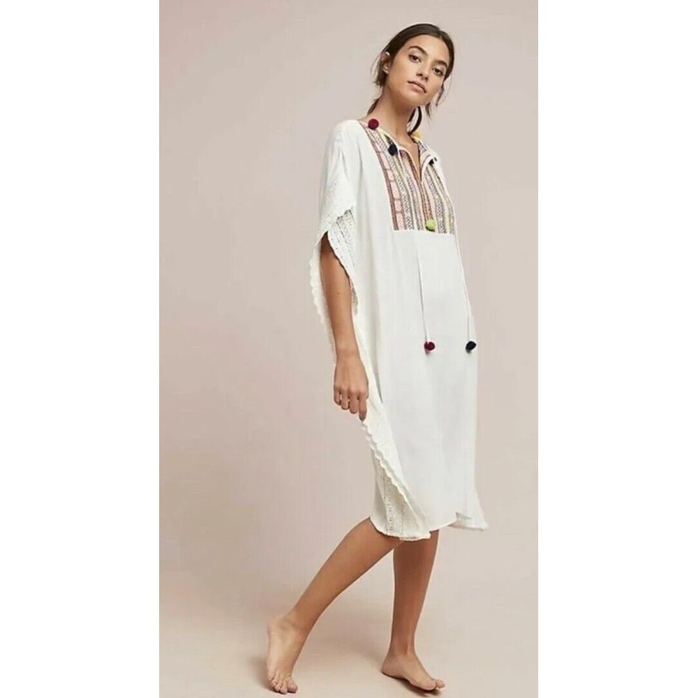 NWT‎ Anthropologie Postmark Cover Up Kaftan Ivory Embroidered Pom Pom Sz XS/S